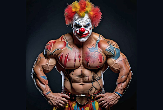 Bodybuilder mit einer bunten Clownmaske