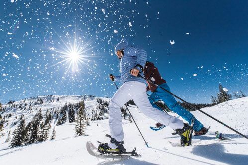 Zwei Skifahrer auf der Piste bei strahlend blauem Himmel